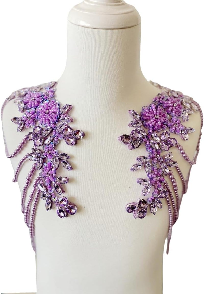 wtbvn 1 Pair Beaded Rhinestones Applique Embellishment for Clothes Epaulettes Shoulder Patches Sew-on Diamond Sequin Tassels Applique for Wedding Dress DIY Accessories 9.8X10.2inches (Violet) - Image 2